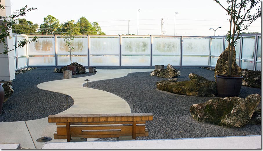 A partial view of the Harn dry landscape garden on a foggy morning, facing north.