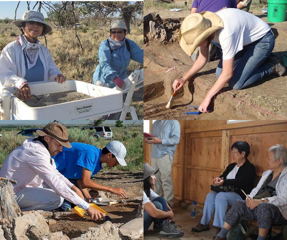 A collage of four images depicting archaeological fieldwork and community engagement. Top left: Two women in sun hats and long sleeves stand at a soil sifting station in a grassy field, smiling at the camera. Top right: A person in a straw hat carefully brushes soil away from an excavation unit marked with string lines. Bottom left: Two people crouch on the ground, working intently at an excavation site, one using a small hand tool and the other observing. Bottom right: Inside a wooden structure, a young woman in a sunhat speaks with two older women, seated.