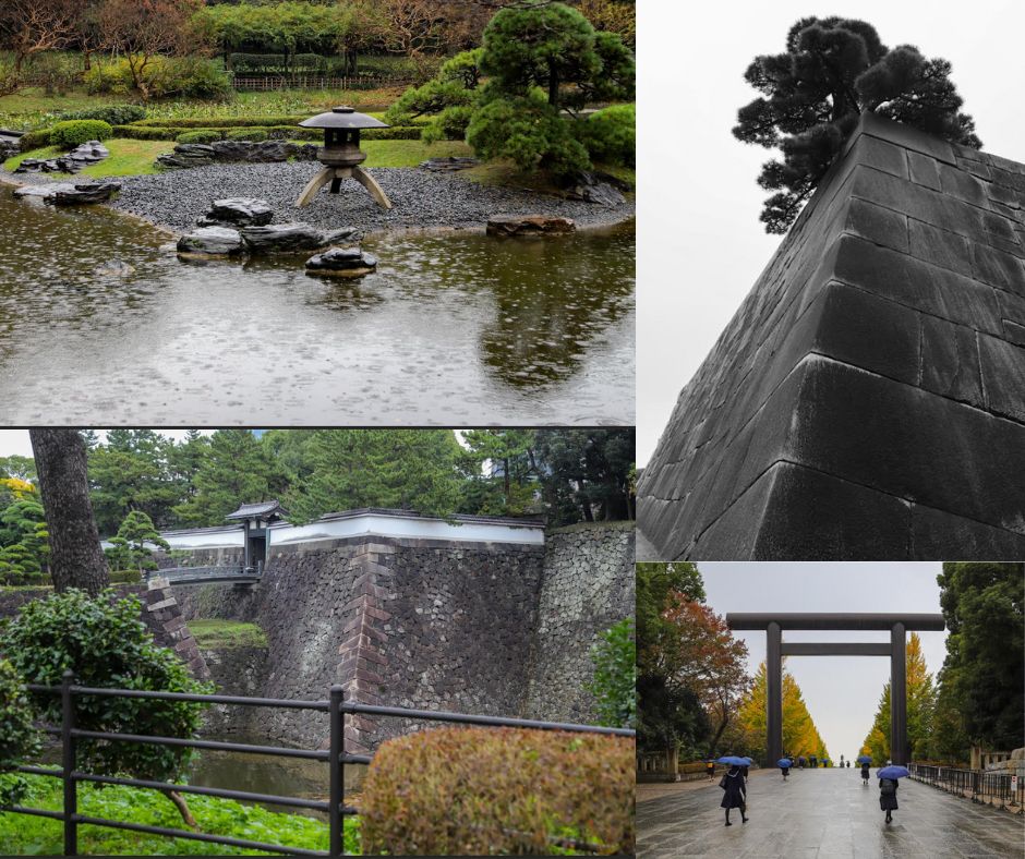 Collage of four photos taken in Japan on a rainy day. Top left: A serene Japanese garden with a stone lantern, black pebbles, and a reflective pond surrounded by pruned pine trees. Top right: A dramatic upward view of a large stone wall corner with a pine tree growing at the top, in black and white. Bottom left: A fortified stone wall and moat with a small gate, surrounded by lush greenery. Bottom right: People with umbrellas walk toward a massive torii gate flanked by ginkgo trees turning yellow